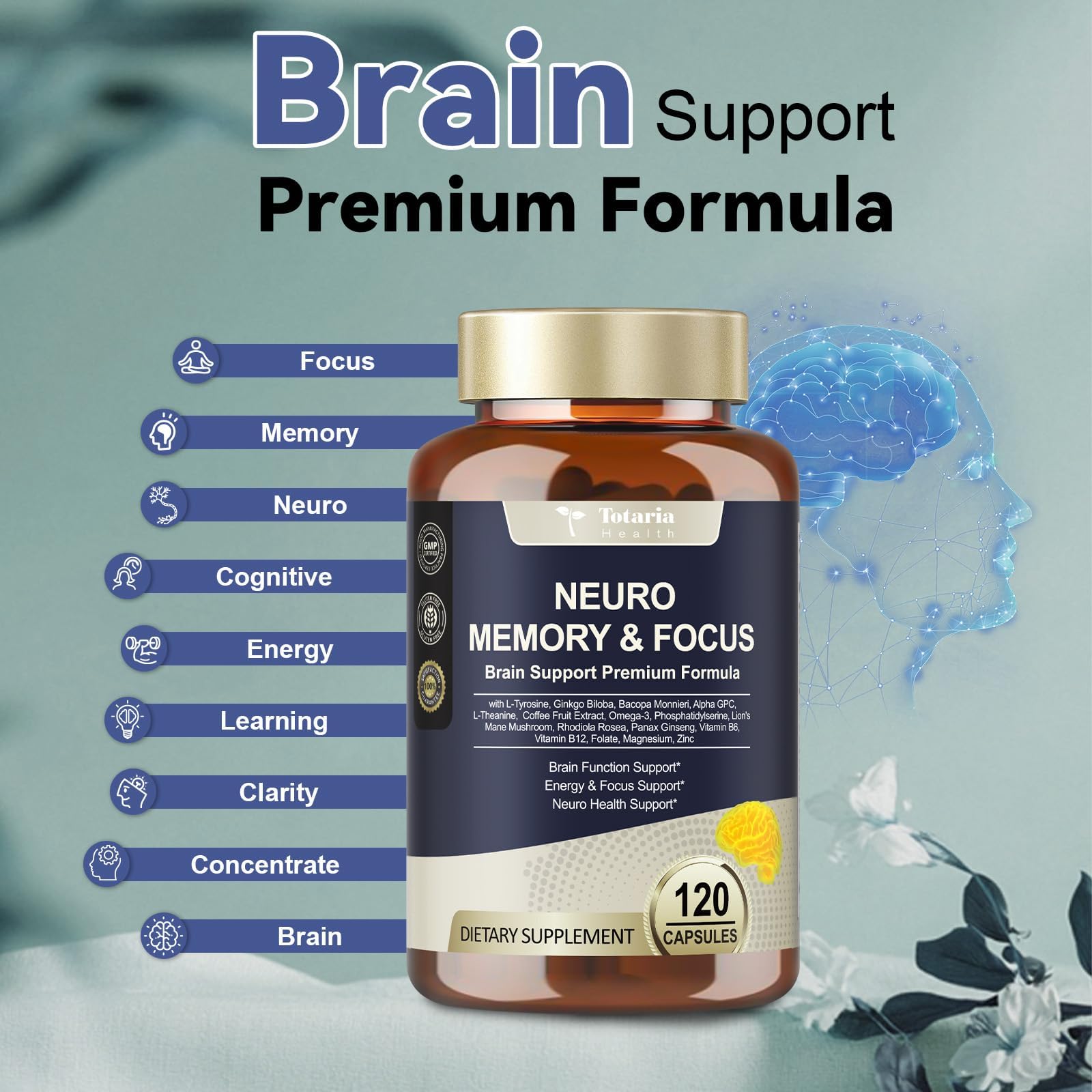 Totaria C-ognitive with Caffeine Pills, L-Tyrosine, Alpha GPC, Ginkgo Biloba, Bacopa Monnieri Brain Supplement for Memory and Focus, Brain Nootropic Support - Non-GMO, Gluten Free (2 Packs) - Maple Wellness Supplements