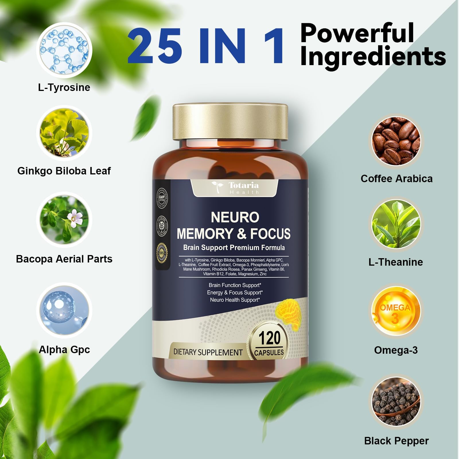Totaria C-ognitive with Caffeine Pills, L-Tyrosine, Alpha GPC, Ginkgo Biloba, Bacopa Monnieri Brain Supplement for Memory and Focus, Brain Nootropic Support - Non-GMO, Gluten Free (2 Packs) - Maple Wellness Supplements