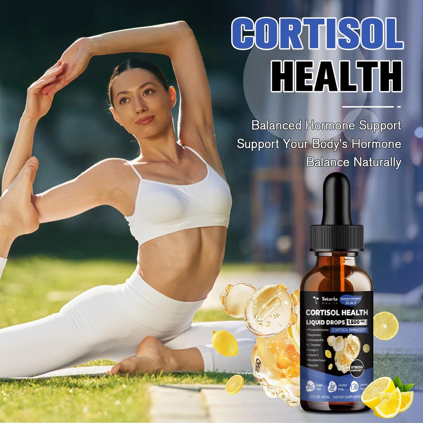 Totaria cortisol Supplement Liquid Drops Hormone Balance for Women Men with Magnesium Complex,Ashwagandha,Rhodiola Rosea,L Theanine,Phosphatidylserine Supplements Mood, Focus, Sleep Support 2 FL.OZ - Maple Wellness Supplements