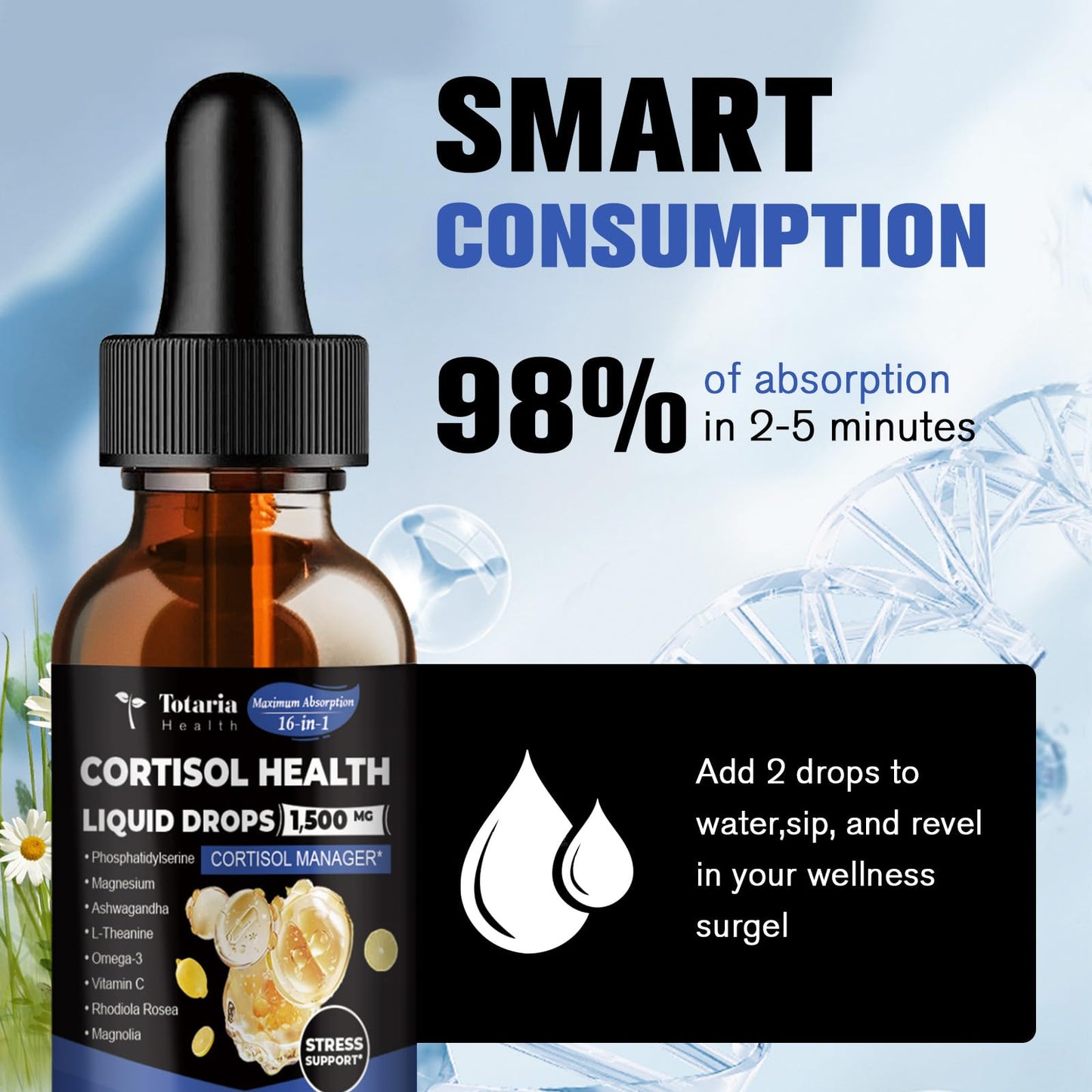 Totaria cortisol Supplement Liquid Drops Hormone Balance for Women Men with Magnesium Complex,Ashwagandha,Rhodiola Rosea,L Theanine,Phosphatidylserine Supplements Mood, Focus, Sleep Support 2 FL.OZ - Maple Wellness Supplements