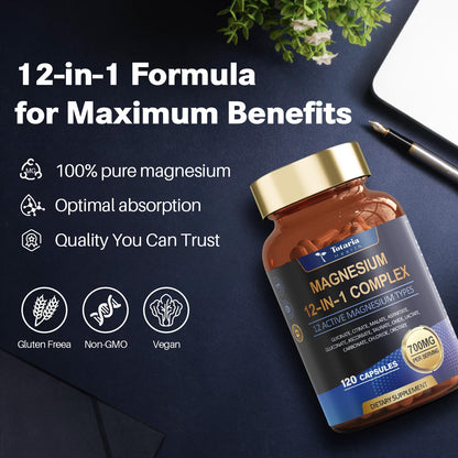 Totaria Magnesium Complex 700mg 12 in 1 Magnesium Supplement with Glycinate Citrate Malate Oxide Taurate Aspartate Orotate Magnesium Relaxation,Muscle,Heart Support, Vegan 120 Capsules - Maple Wellness Supplements