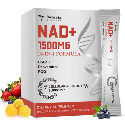 Totaria NAD Liquid Supplement 1500mg for Men & Women, Extra Strength NAD+, Resveratrol, PQQ, CoQ10, 16-in-1 Formula with Nicotinamide Riboside for Anti Aging, Energy, Immune, Focus (30 Packets) - Maple Wellness Supplements