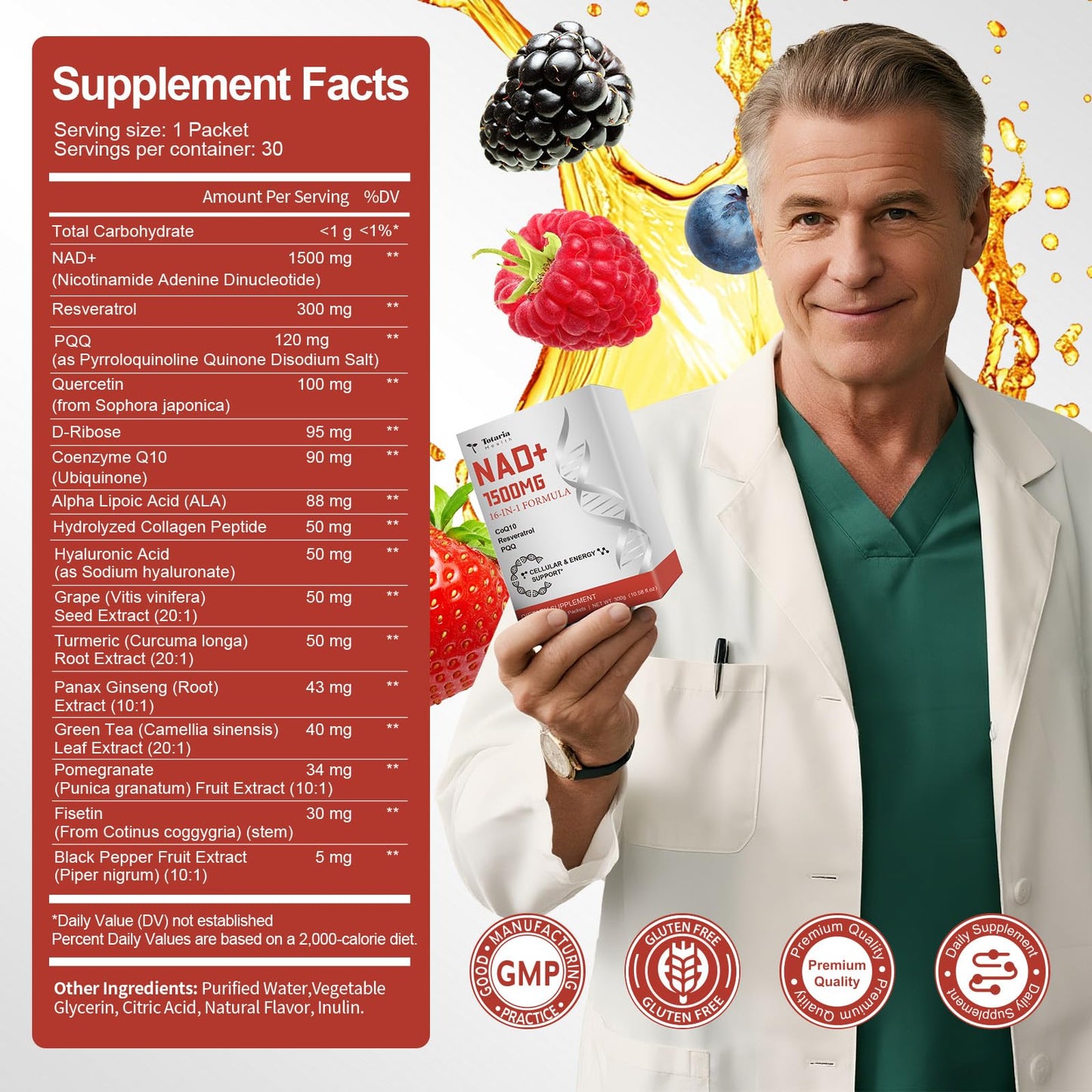 Totaria NAD Liquid Supplement 1500mg for Men & Women, Extra Strength NAD+, Resveratrol, PQQ, CoQ10, 16-in-1 Formula with Nicotinamide Riboside for Anti Aging, Energy, Immune, Focus (30 Packets) - Maple Wellness Supplements
