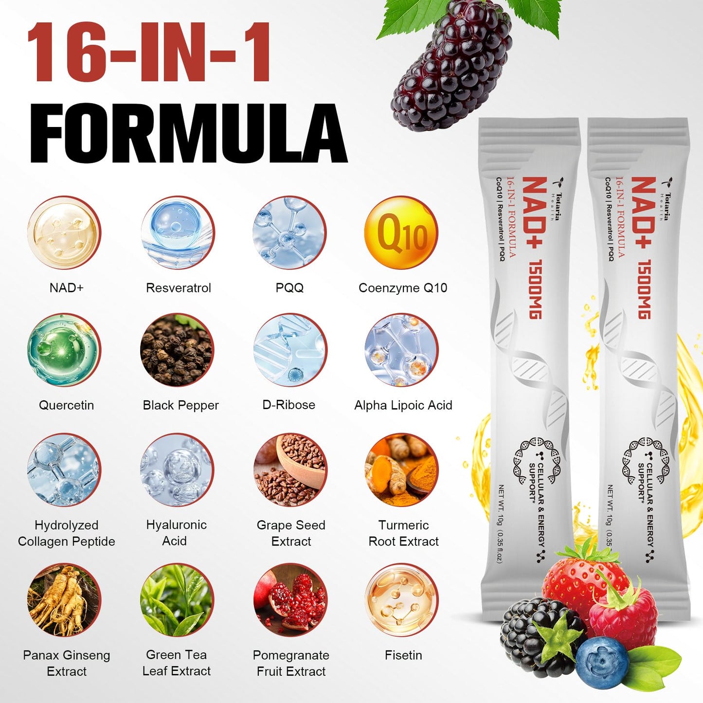 Totaria NAD Liquid Supplement 1500mg for Men & Women, Extra Strength NAD+, Resveratrol, PQQ, CoQ10, 16-in-1 Formula with Nicotinamide Riboside for Anti Aging, Energy, Immune, Focus (30 Packets) - Maple Wellness Supplements