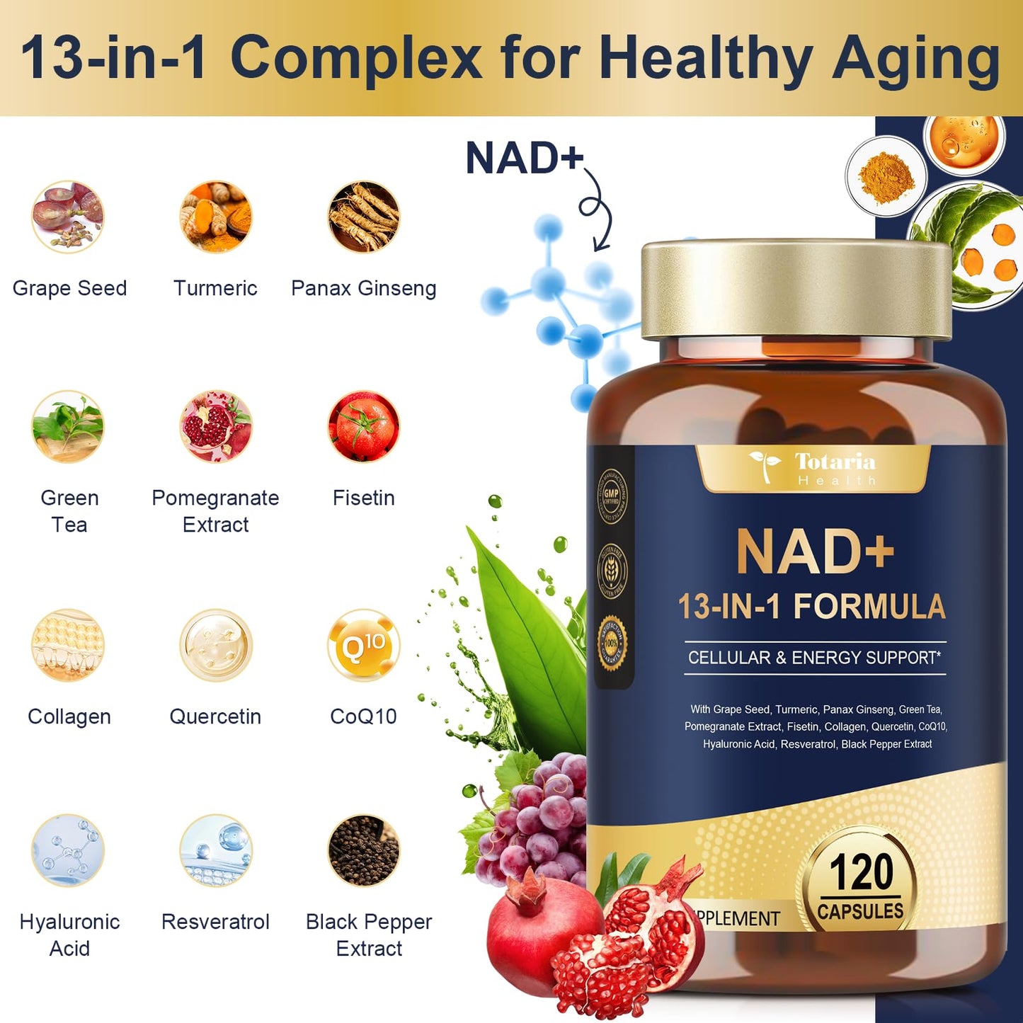 Totaria NAD Supplement for Women Men with nicotinamide riboside resveratrol,Quercetin, Betaine Boost NAD+ Levels NAD Plus Supplement for Anti Aging, Energy, Immune, Focus 120 Capsules - Maple Wellness Supplements