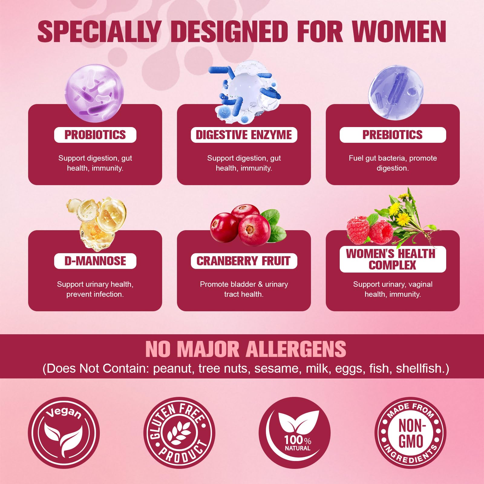 Totaria Probiotics for Women, 120 Billion Women Probiotic, with Akkermansia, Digestive Enzymes & Prebiotics, Cranberry, D-Mannose, for Gut, Vaginal, Urinary - Maple Wellness Supplements