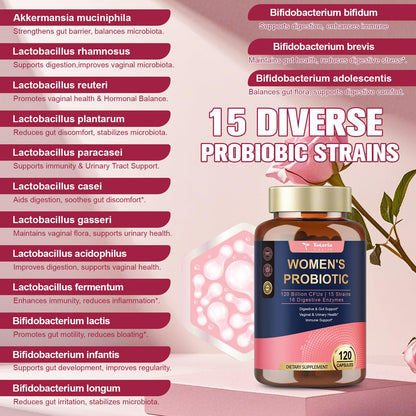 Totaria Probiotics for Women, 120 Billion Women Probiotic, with Akkermansia, Digestive Enzymes & Prebiotics, Cranberry, D-Mannose, for Gut, Vaginal, Urinary - Maple Wellness Supplements