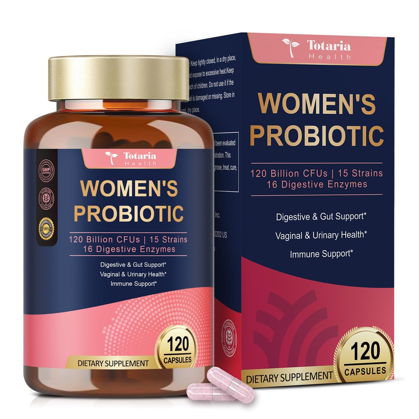 Totaria Probiotics for Women, 120 Billion Women Probiotic, with Akkermansia, Digestive Enzymes & Prebiotics, Cranberry, D-Mannose, for Gut, Vaginal, Urinary - Maple Wellness Supplements