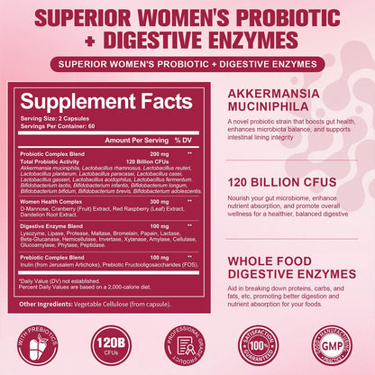 Totaria Probiotics for Women, 120 Billion Women Probiotic, with Akkermansia, Digestive Enzymes & Prebiotics, Cranberry, D-Mannose, for Gut, Vaginal, Urinary - Maple Wellness Supplements