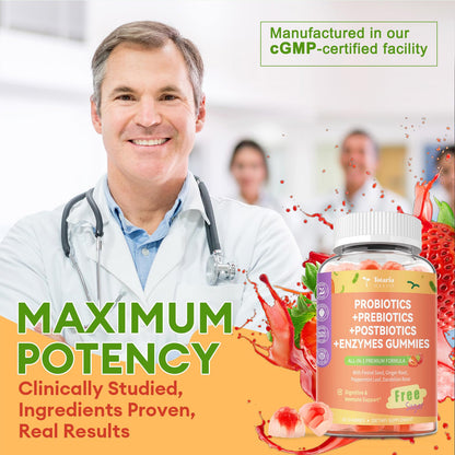 Totaria Sugar Free 5-in-1 Probiotic Prebiotic Postbiotic Gummy, 36 Strains Probiotics for Women Men with Digestive Enzymes, Peppermint, Complete Immune, - Maple Wellness Supplements