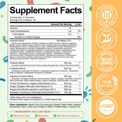 Totaria Sugar Free 5-in-1 Probiotic Prebiotic Postbiotic Gummy, 36 Strains Probiotics for Women Men with Digestive Enzymes, Peppermint, Complete Immune, - Maple Wellness Supplements