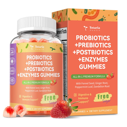 Totaria Sugar Free 5-in-1 Probiotic Prebiotic Postbiotic Gummy, 36 Strains Probiotics for Women Men with Digestive Enzymes, Peppermint, Complete Immune, - Maple Wellness Supplements