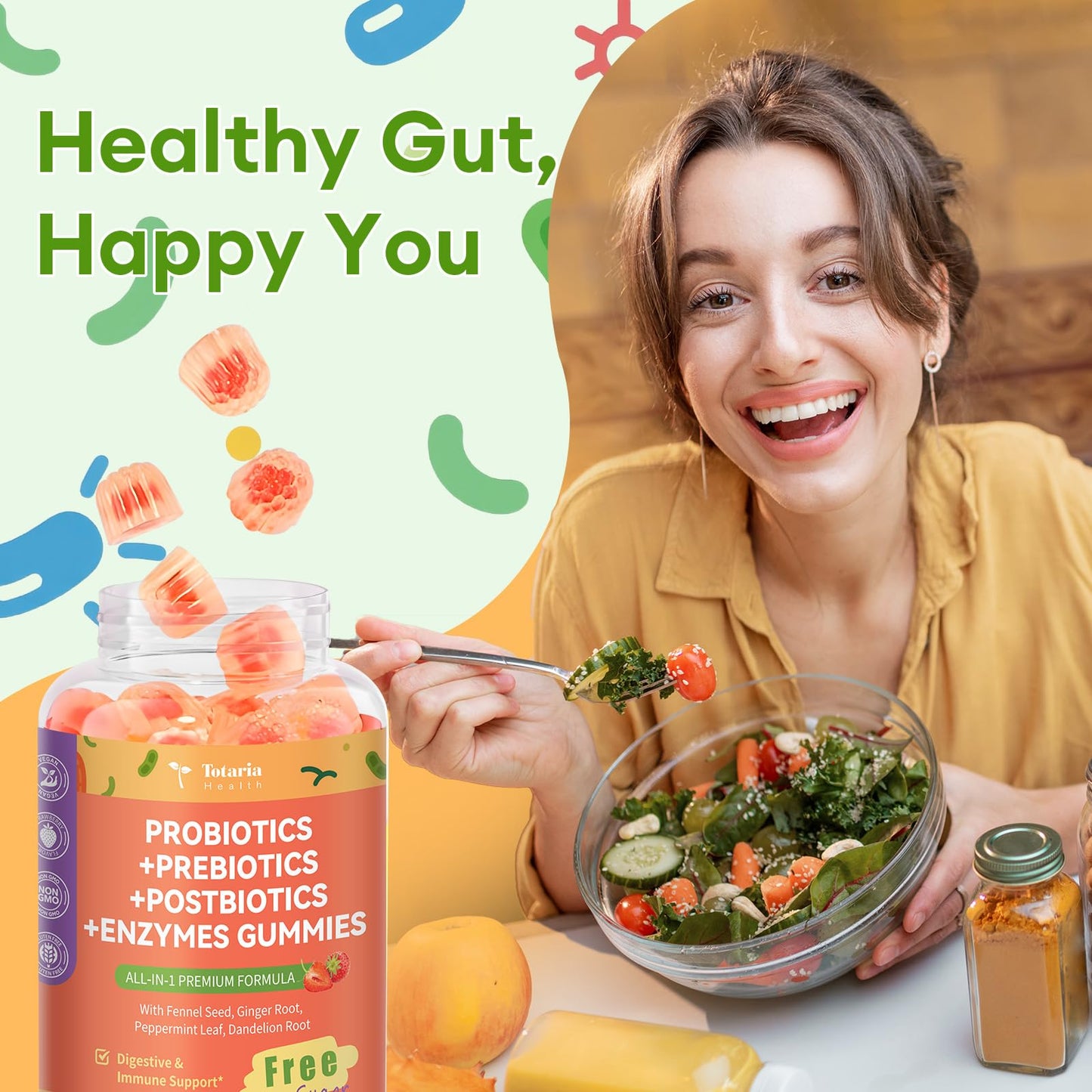 Totaria Sugar Free 5-in-1 Probiotic Prebiotic Postbiotic Gummy, 36 Strains Probiotics for Women Men with Digestive Enzymes, Peppermint, Complete Immune, - Maple Wellness Supplements
