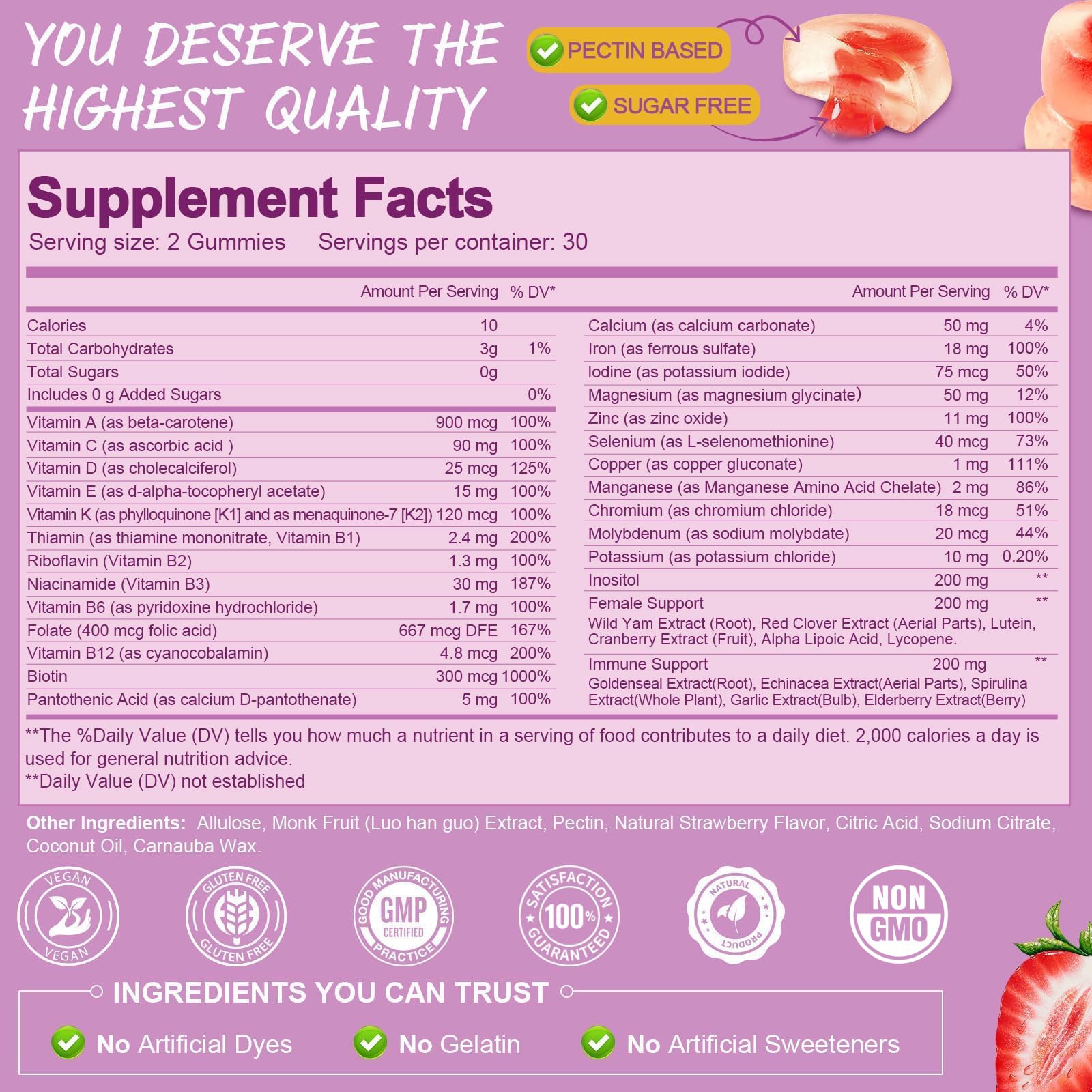 Totaria Sugar Free Multivitamin Gummies for Women 14+ w/Iron, Inositol, Folate, Biotin, Womens Daily Multivitamin Gummy w/Vitamin A, C, B, D3, K2 - Maple Wellness Supplements