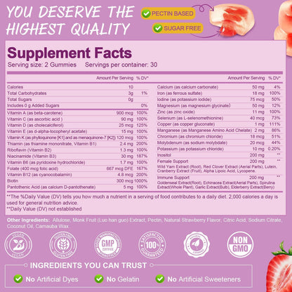 Totaria Sugar Free Multivitamin Gummies for Women 14+ w/Iron, Inositol, Folate, Biotin, Womens Daily Multivitamin Gummy w/Vitamin A, C, B, D3, K2 - Maple Wellness Supplements