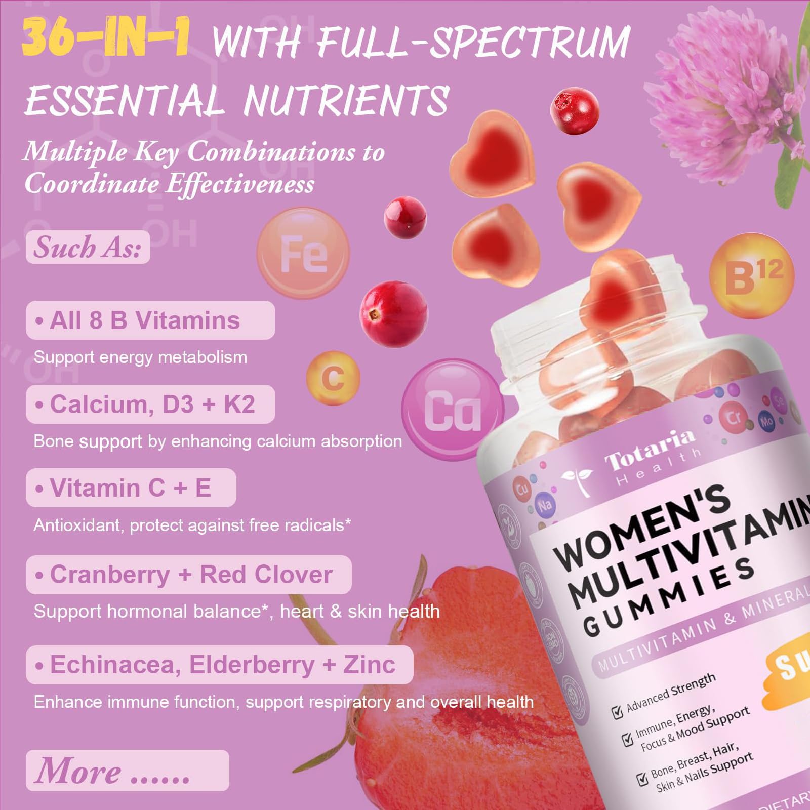 Totaria Sugar Free Multivitamin Gummies for Women 14+ w/Iron, Inositol, Folate, Biotin, Womens Daily Multivitamin Gummy w/Vitamin A, C, B, D3, K2 - Maple Wellness Supplements