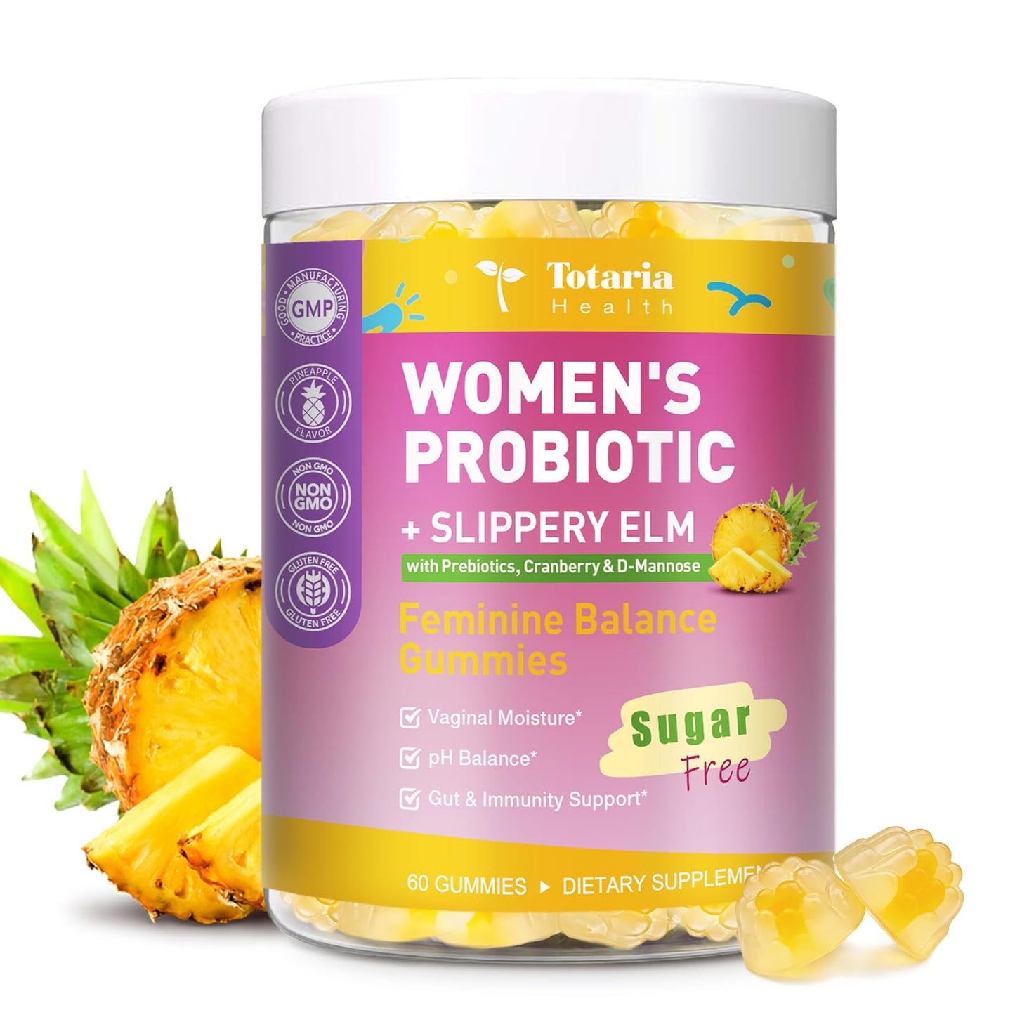 Totaria Sugar Free Probiotics for Women, Feminine Balance Gummies, 50 Billion CFU Vaginal Probiotic Prebiotic w/Slippery Elm, Cranberry, for Vaginal, Urinary Tract - Maple Wellness Supplements
