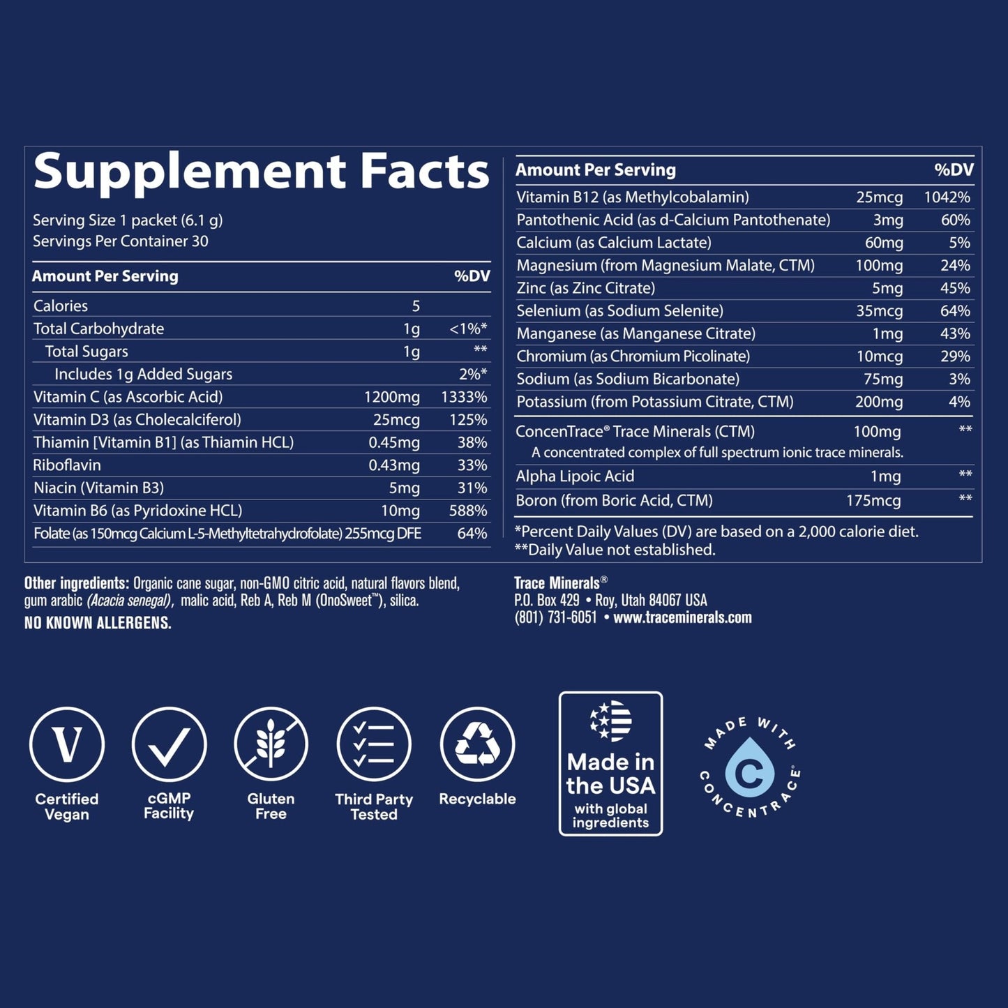 Trace Minerals Power Pak Multivitamin and Multimineral Packets - Electrolyte Support - 1200 mg Vitamin C plus 70+ Trace Minerals - Lemon Lime Flavor - 30 Packets - Maple Wellness Supplements