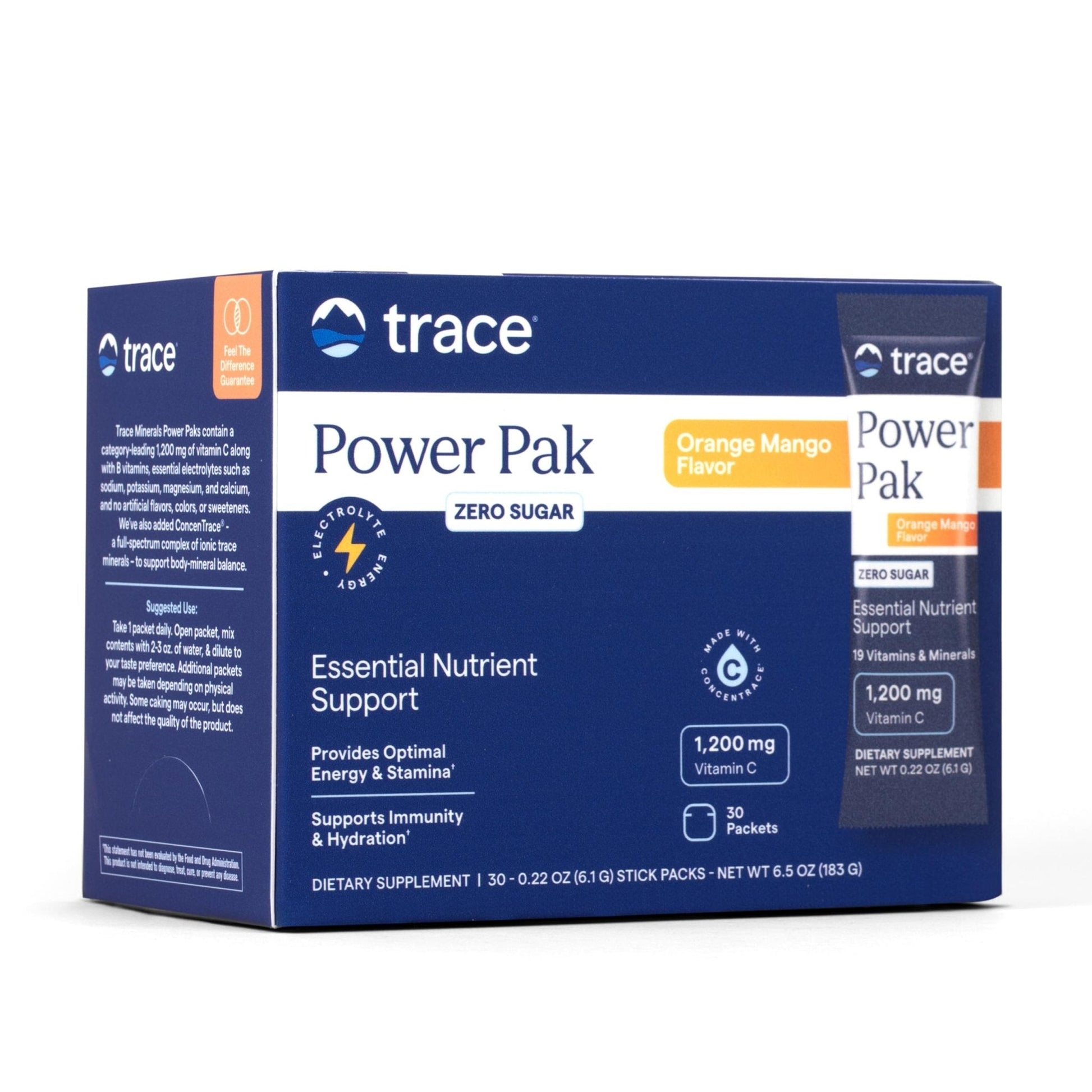Trace Minerals Power Pak Multivitamin and Multimineral Packets - Electrolyte Support - 1200 mg Vitamin C plus 70+ Trace Minerals - Sugar Free - Orange Mango Flavor - 30 Packets - Maple Wellness Supplements