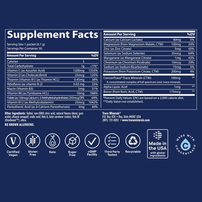 Trace Minerals Power Pak Multivitamin and Multimineral Packets - Electrolyte Support - 1200 mg Vitamin C plus 70+ Trace Minerals - Sugar Free - Orange Mango Flavor - 30 Packets - Maple Wellness Supplements