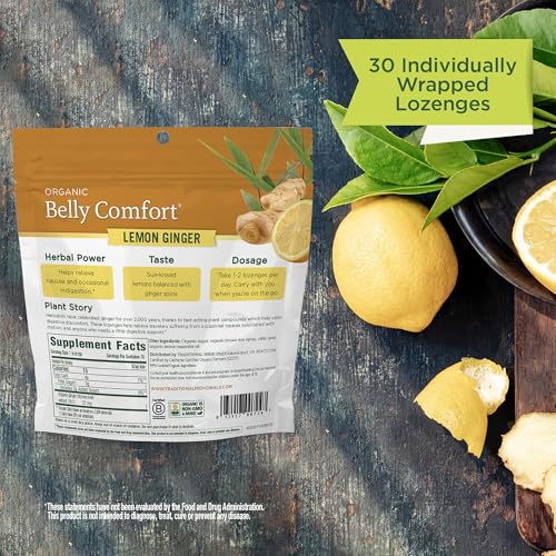 Traditional Medicinals Organic, Belly Comfort Lozenges, Lemon Ginger - Supports Nausea Relief and Occasional Indigestion - Non-GMO, Stimulant-Free - Maple Wellness Supplements