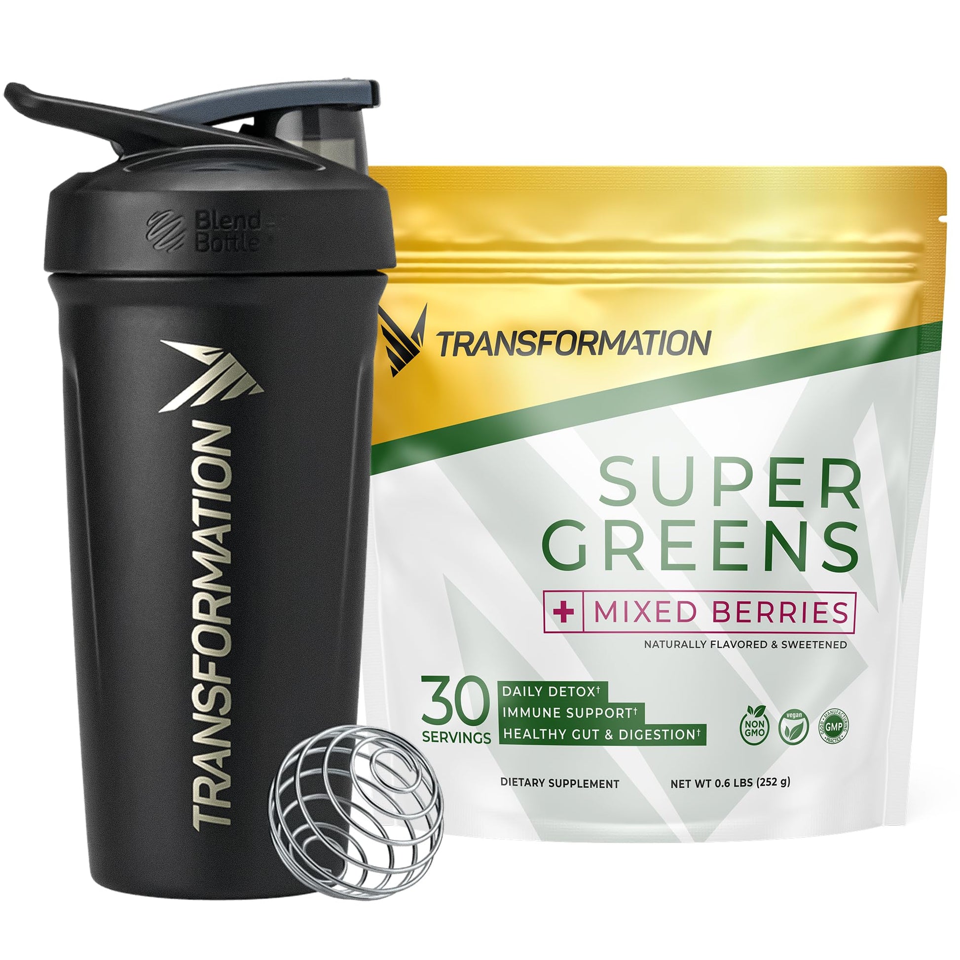 Transformation Super Greens Superfood Powder & Performance Insulated Shaker Bottle | Immune & Energy Support | Made with Natural Ingredients | Detoxifying & Alkalizing Minerals - Maple Wellness Supplements