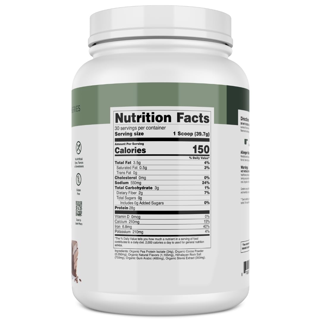 Transparent Labs 100% Pea Protein Powder - 28g Organic Plant Protein per Serving, Clean Pea Isolate Powder, USDA Organic, Vegan, Gluten-Free, Sugar-Free, Non-GMO - 30 Servings, Chocolate - Maple Wellness Supplements