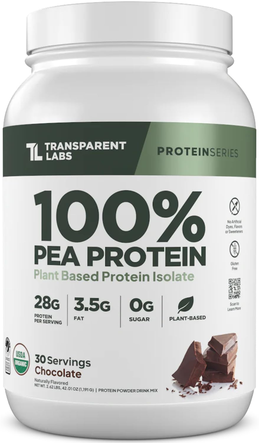 Transparent Labs 100% Pea Protein Powder - 28g Organic Plant Protein per Serving, Clean Pea Isolate Powder, USDA Organic, Vegan, Gluten-Free, Sugar-Free, Non-GMO - 30 Servings, Chocolate - Maple Wellness Supplements