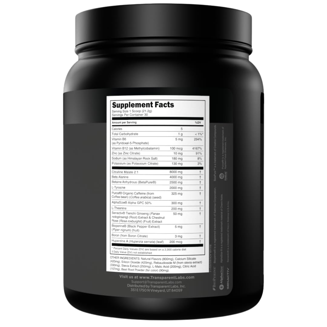 Transparent Labs Bulk Black Pre Workout - Clinically Dosed, Sugar Free Preworkout for Men and Women with Beta Alanine Powder, Citrulline Malate - Maple Wellness Supplements