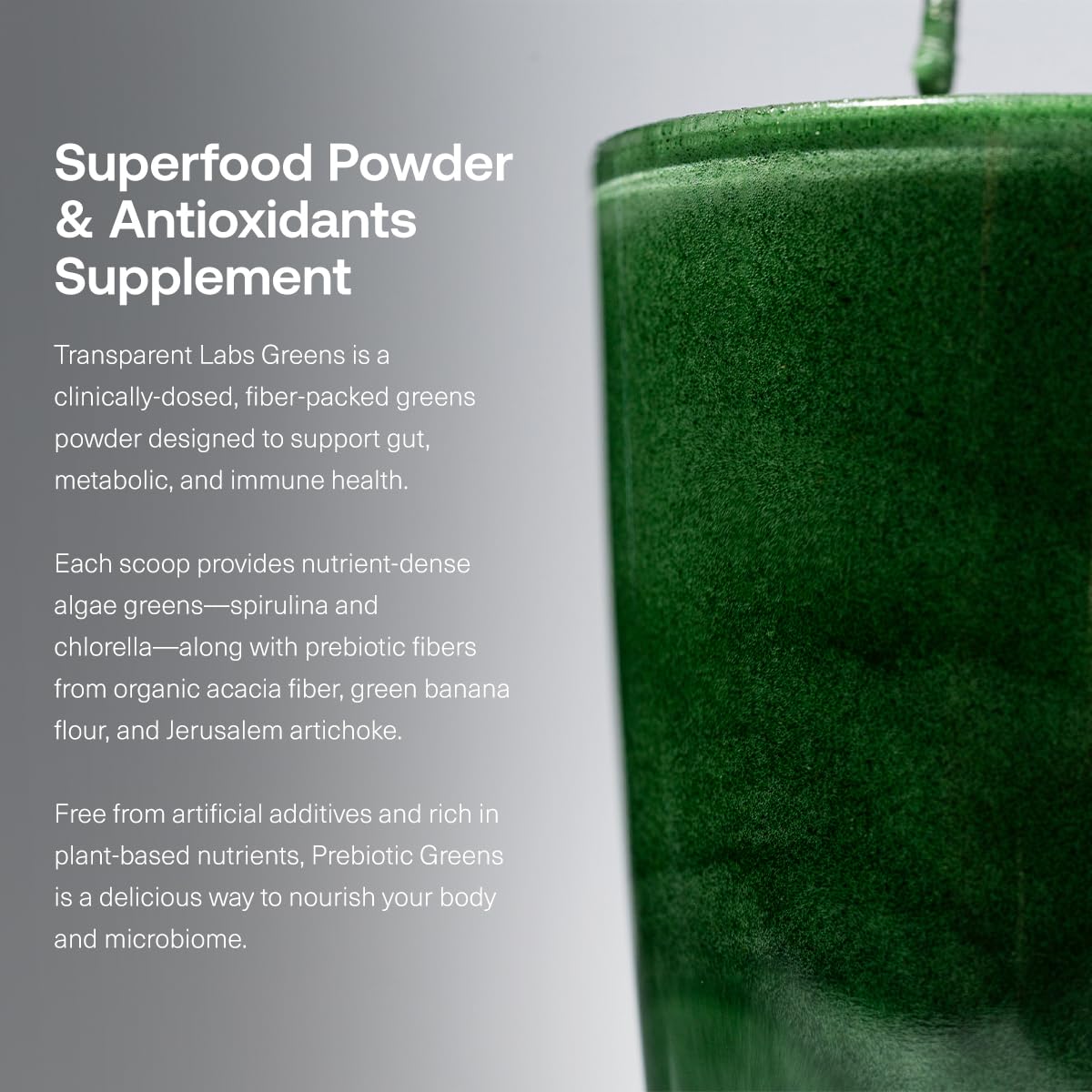 Transparent Labs Prebiotic Greens - Superfood Powder & Antioxidants Supplement with Organic Spirulina, Chloerra, Acacia, & Green Banana Powder - 30 Servings, Unflavored - Maple Wellness Supplements