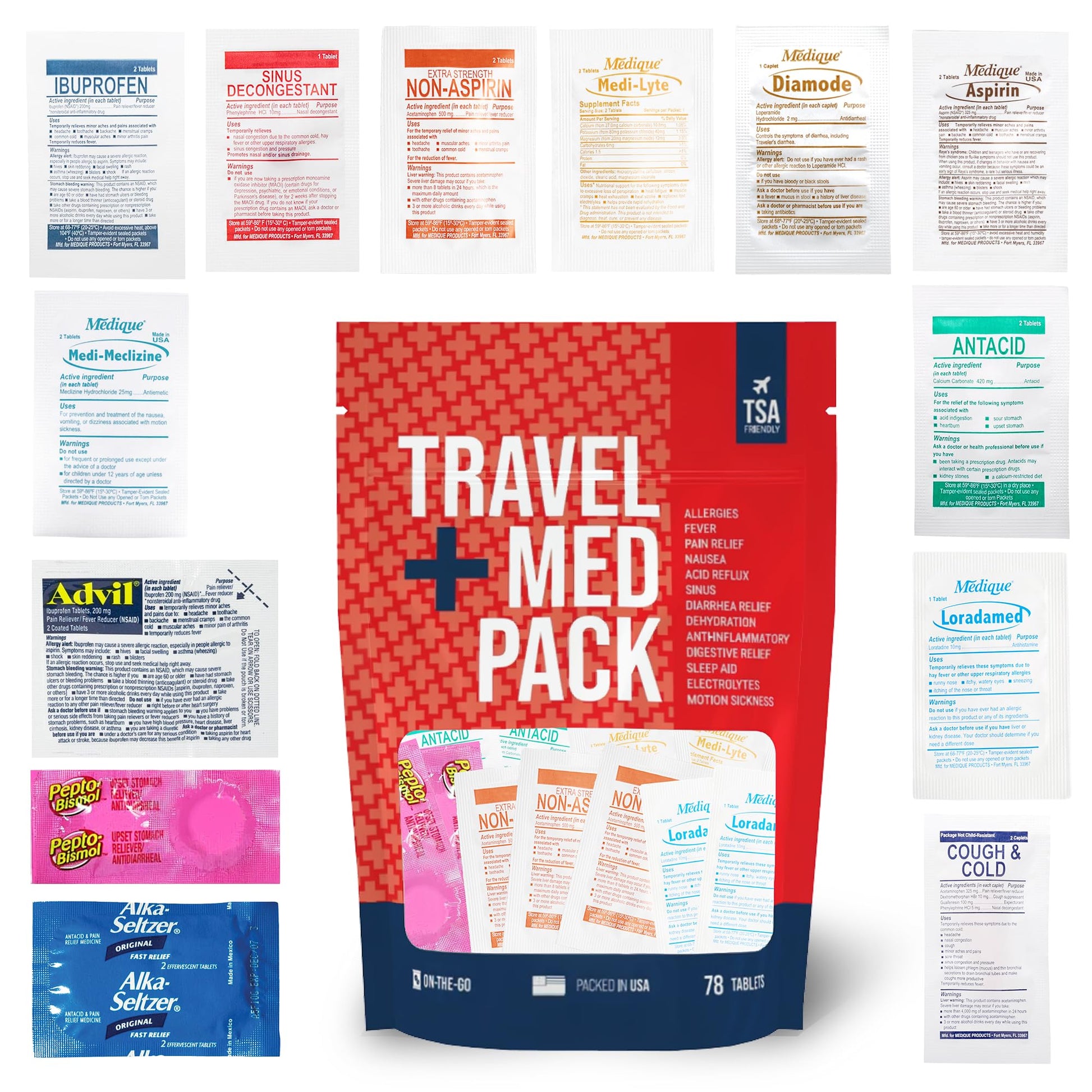 Travel Medicine Kit - 78-Piece TSA-Friendly Med Pack for Flights, Cruises & International Travel | Individually Wrapped Medication Essentials for Any Occasion - Maple Wellness Supplements