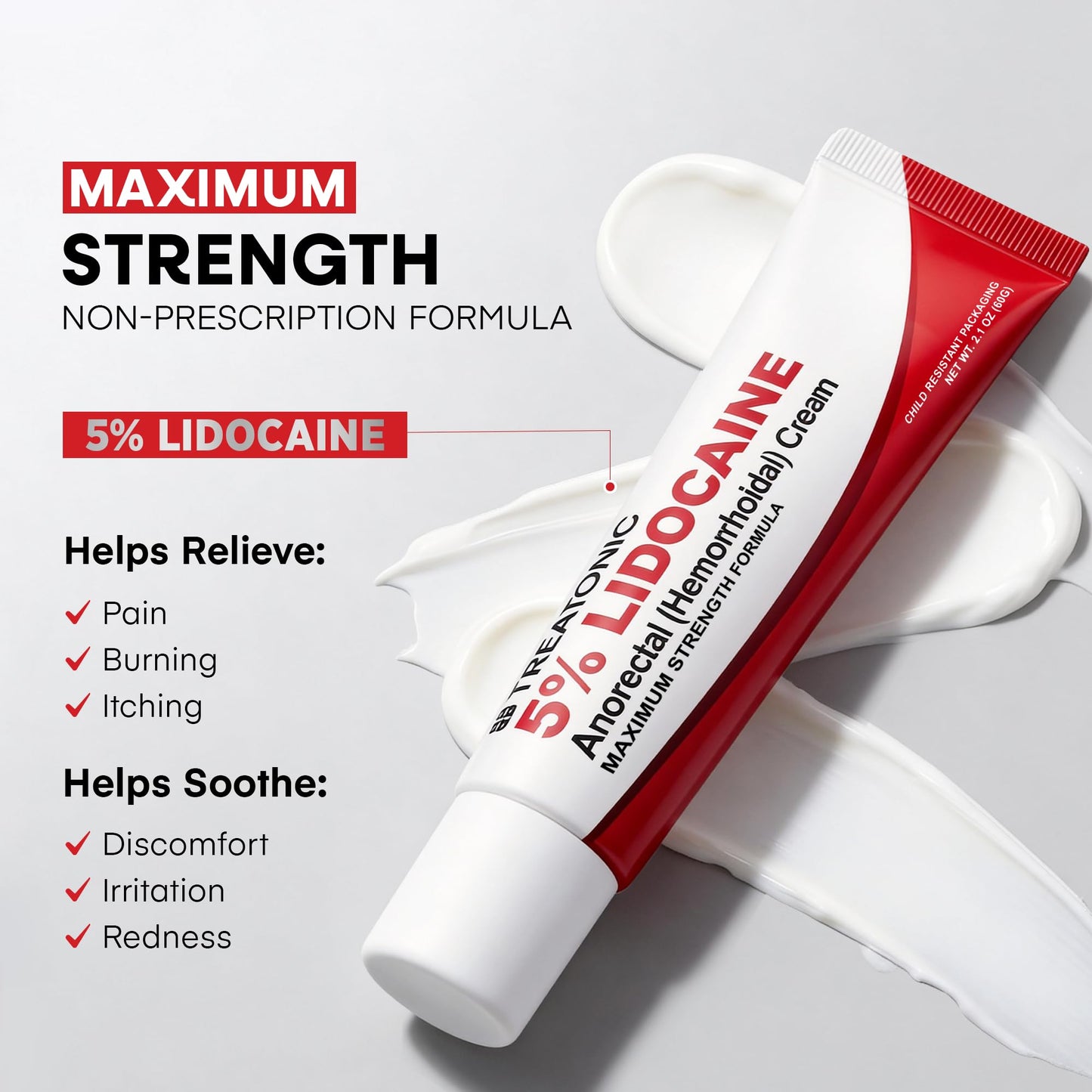 Treatonic 5% Lidocaine Numbing Cream: Lidocaine Cream for Pain Relief, Itching, Burning, Soreness, Hemorrhoid - Maximum Strength Topical Numb Cream - Fast Acting & Long Lasting Numbing Cream- 2.1 oz - Maple Wellness Supplements