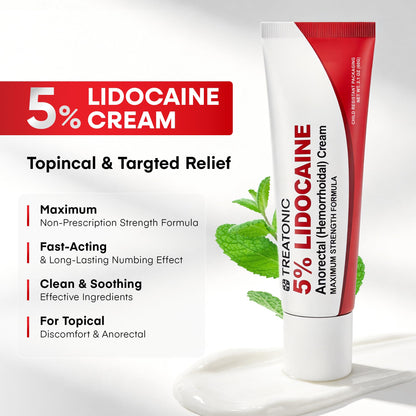 Treatonic 5% Lidocaine Numbing Cream: Lidocaine Cream for Pain Relief, Itching, Burning, Soreness, Hemorrhoid - Maximum Strength Topical Numb Cream - Fast Acting & Long Lasting Numbing Cream- 2.1 oz - Maple Wellness Supplements