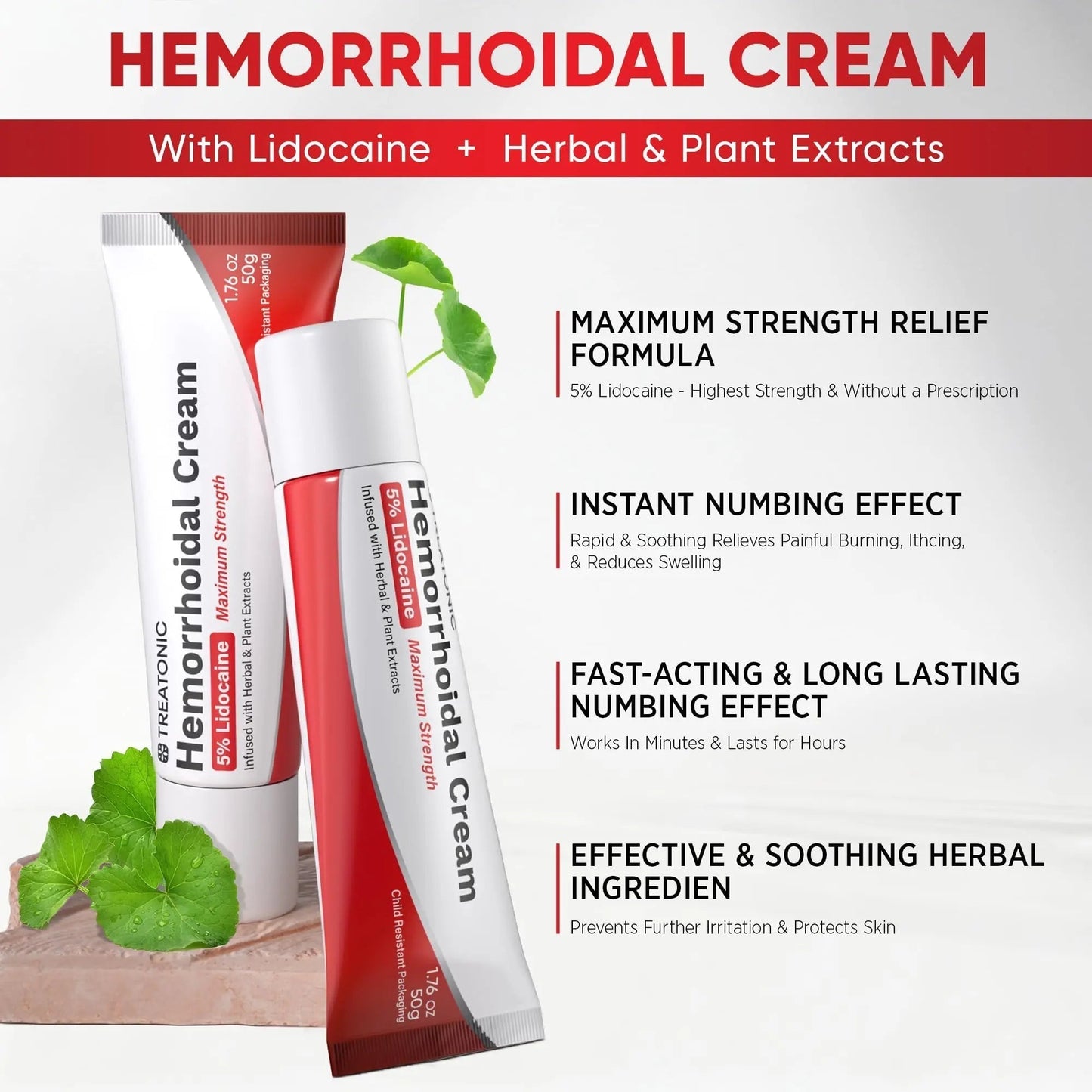 Treatonic Hemorrhoid Treatment Cream: 5% Lidocaine Hemorrhoid Cream for Numbing Relief of Pain, Burning, Itching, Discomfort, & Swelling - Fissure & Hemorrhoids - 1.76 oz - Maple Wellness Supplements