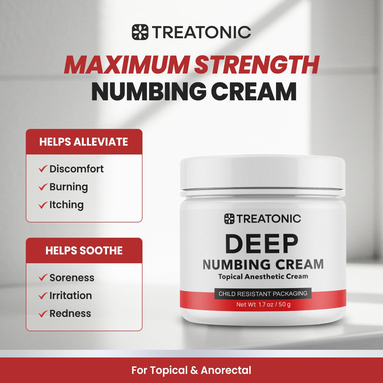 Treatonic Maximum Strength Numbing Cream: Numbing Cream for Discomfort, Burn, Itch & Pain Relief - Fast-Acting, Soothing Topical Anesthetic with Menthol & Emu Oil for Hemorrhoid Treatment – 1.7oz - Maple Wellness Supplements