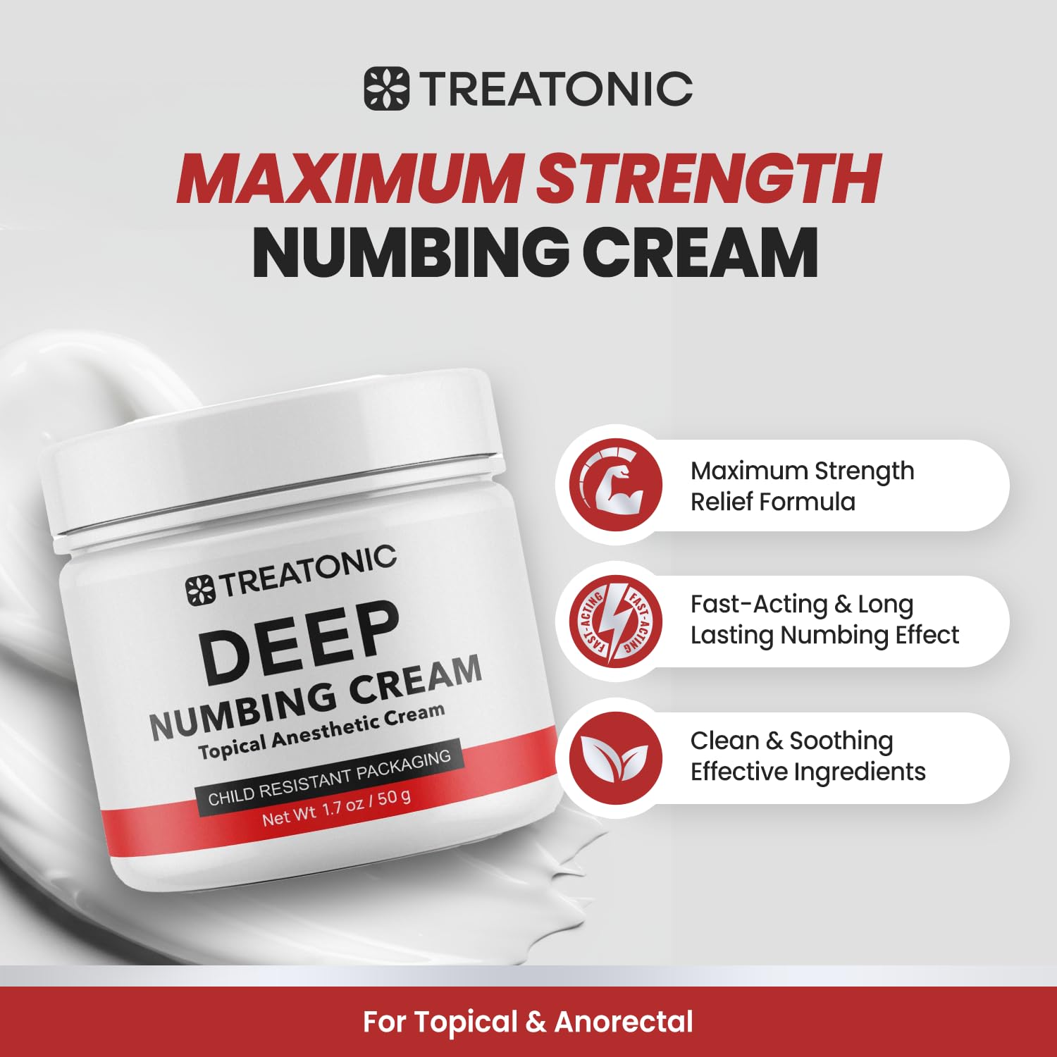 Treatonic Maximum Strength Numbing Cream: Numbing Cream for Discomfort, Burn, Itch & Pain Relief - Fast-Acting, Soothing Topical Anesthetic with Menthol & Emu Oil for Hemorrhoid Treatment – 1.7oz - Maple Wellness Supplements