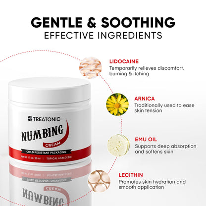 Treatonic Numbing Cream: Extra Strength Numbing Cream for Discomfort, Burning, Itching, & After Sun - Maximum Strength Topical Anesthetic with Menthol & Emu Oil for Toes Feet Hands Legs Arms – 1.7oz - Maple Wellness Supplements