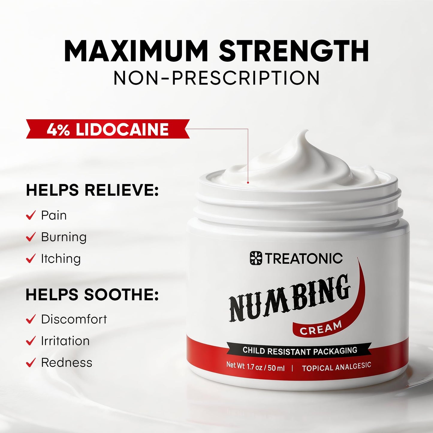Treatonic Numbing Cream: Extra Strength Numbing Cream for Discomfort, Burning, Itching, & After Sun - Maximum Strength Topical Anesthetic with Menthol & Emu Oil for Toes Feet Hands Legs Arms – 1.7oz - Maple Wellness Supplements