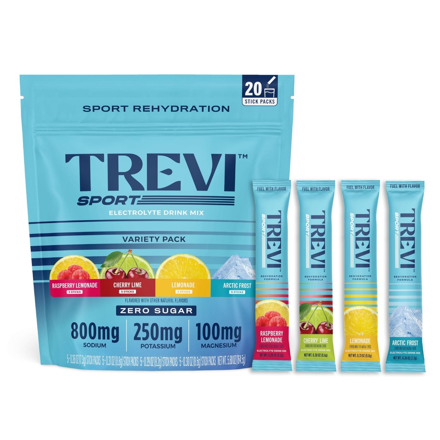 TREVI™ Sport Electrolytes Powder Packets Sugar Free - 800mg Sodium - 250mg Potassium - 100mg Magnesium - Water Drink Mix Rehydration Essentials - 20 Count - Variety Pack - Maple Wellness Supplements