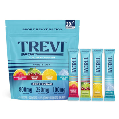 TREVI™ Sport Electrolytes Powder Packets Sugar Free - 800mg Sodium - 250mg Potassium - 100mg Magnesium - Water Drink Mix Rehydration Essentials - 20 Count - Variety Pack - Maple Wellness Supplements