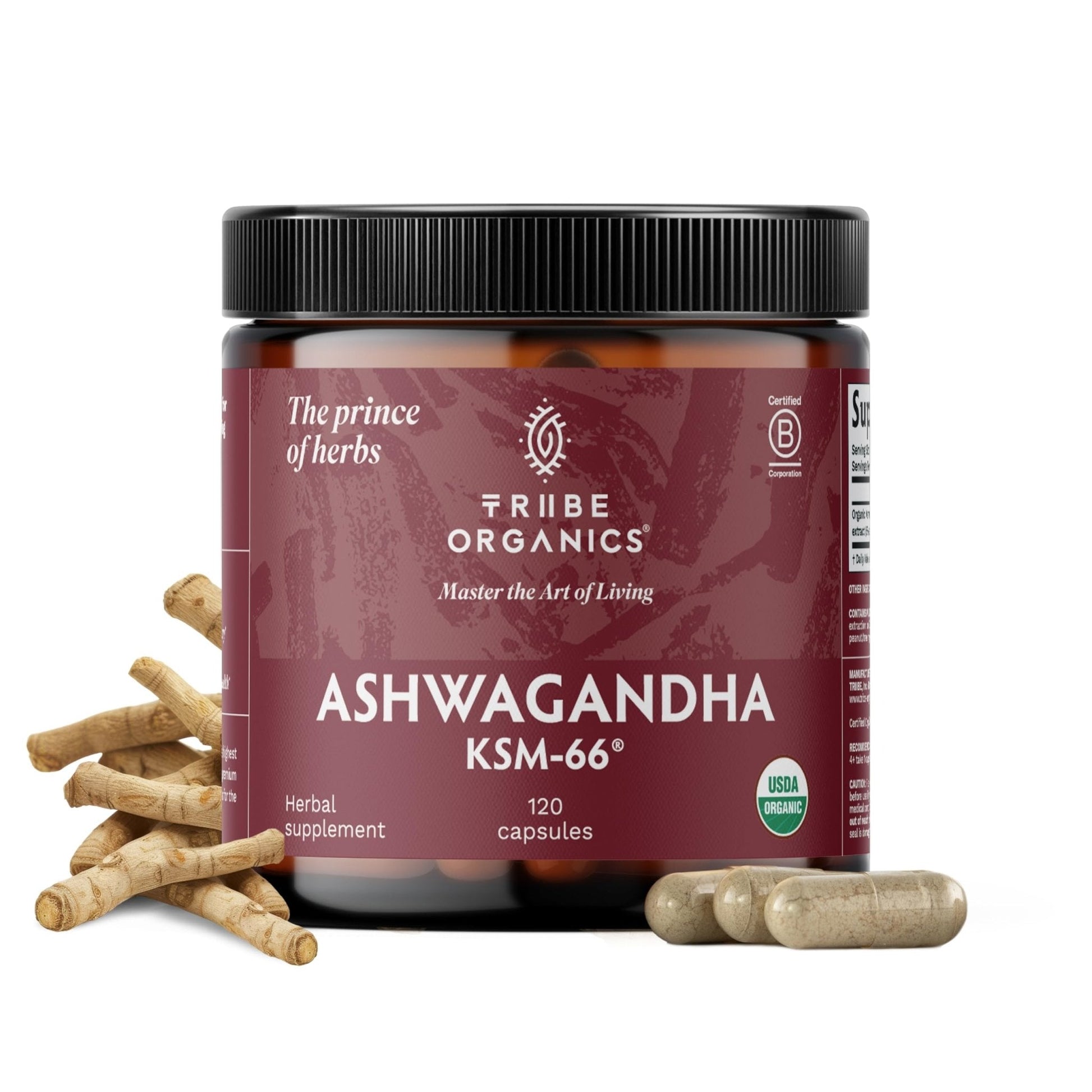 TRIBE ORGANICS Ashwagandha KSM 66 Pure Organic Root Powder Extract Ayurvedic Supplement - Focus, Mood Support, Increase Energy, Strength, 600mg of Natural KSM66 for Superior Absorption - 120 Capsules - Maple Wellness Supplements