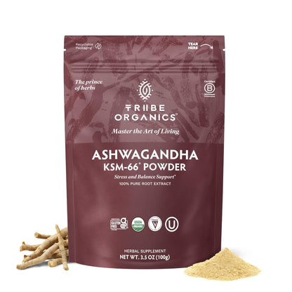 TRIBE ORGANICS KSM-66 Ashwagandha Root Extract Powder Ayurvedic Herb for Mood Support | Increase Energy | Strength - Organic | Natural | Gluten Free | Non GMO | Full-Spectrum - 100g Pouch - Maple Wellness Supplements