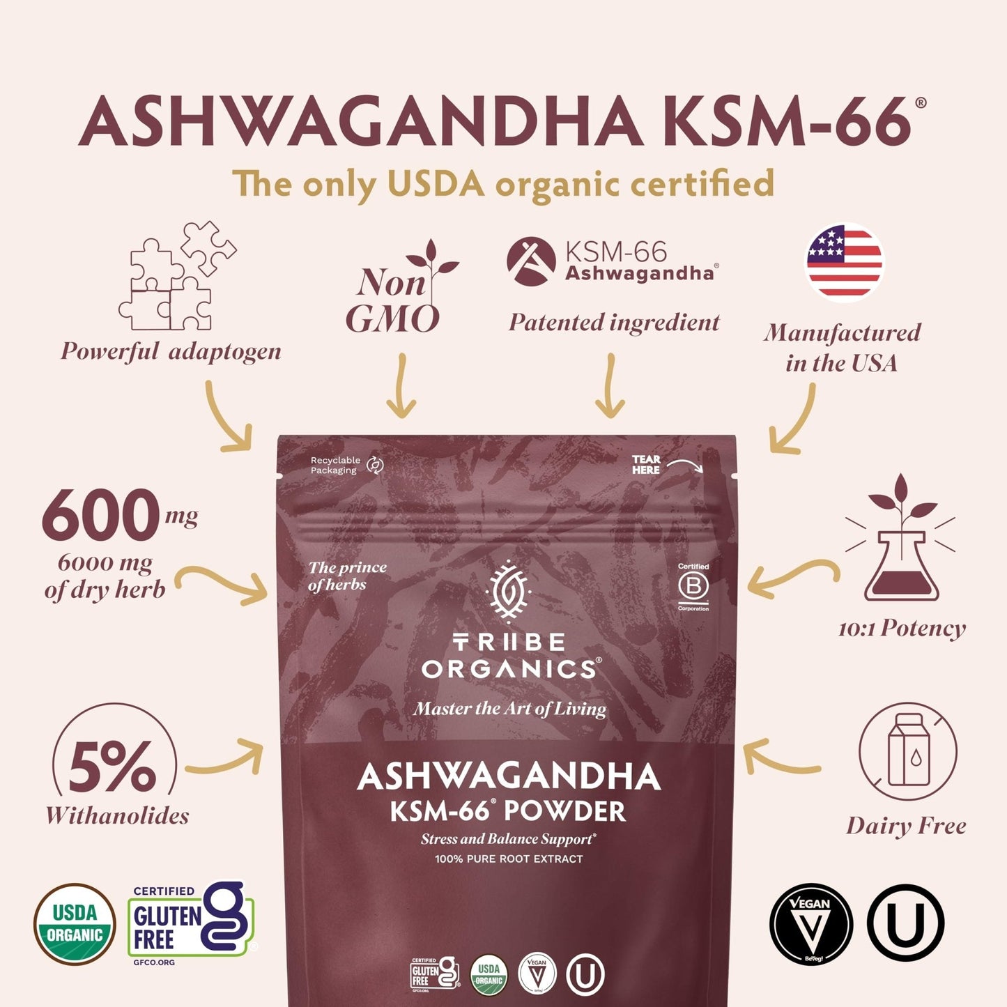 TRIBE ORGANICS KSM-66 Ashwagandha Root Extract Powder Ayurvedic Herb for Mood Support | Increase Energy | Strength - Organic | Natural | Gluten Free | Non GMO | Full-Spectrum - 100g Pouch - Maple Wellness Supplements