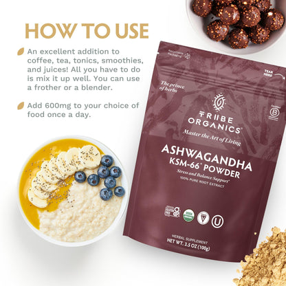 TRIBE ORGANICS KSM-66 Ashwagandha Root Extract Powder Ayurvedic Herb for Mood Support | Increase Energy | Strength - Organic | Natural | Gluten Free | Non GMO | Full-Spectrum - 100g Pouch - Maple Wellness Supplements