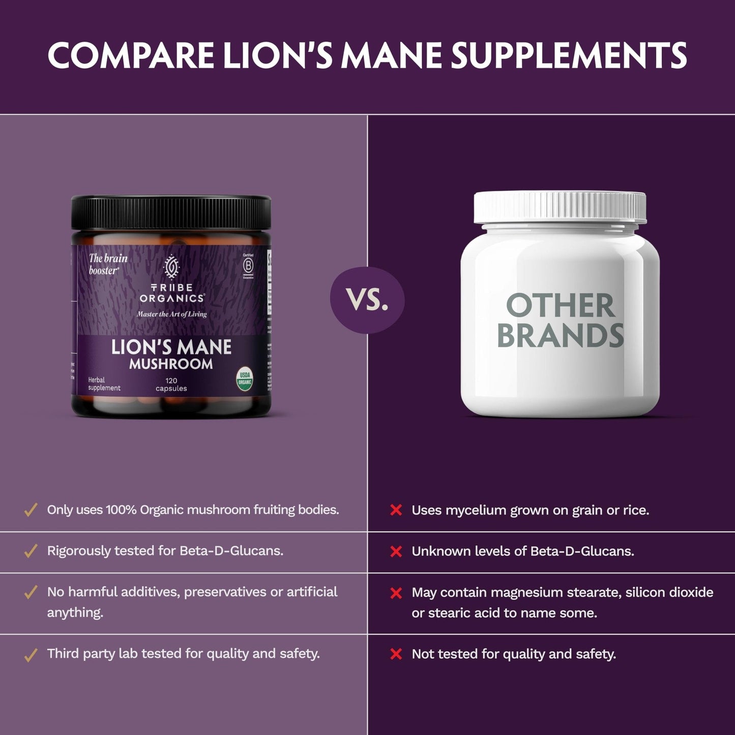 TRIBE ORGANICS Lion’s Mane Supplement 1000mg Mushroom Extract Powder - Immune System Booster & Brain Nootropic for Focus and Memory | Mental Clarity | Natural Energy and Immunity - 120 Vegan Capsules - Maple Wellness Supplements