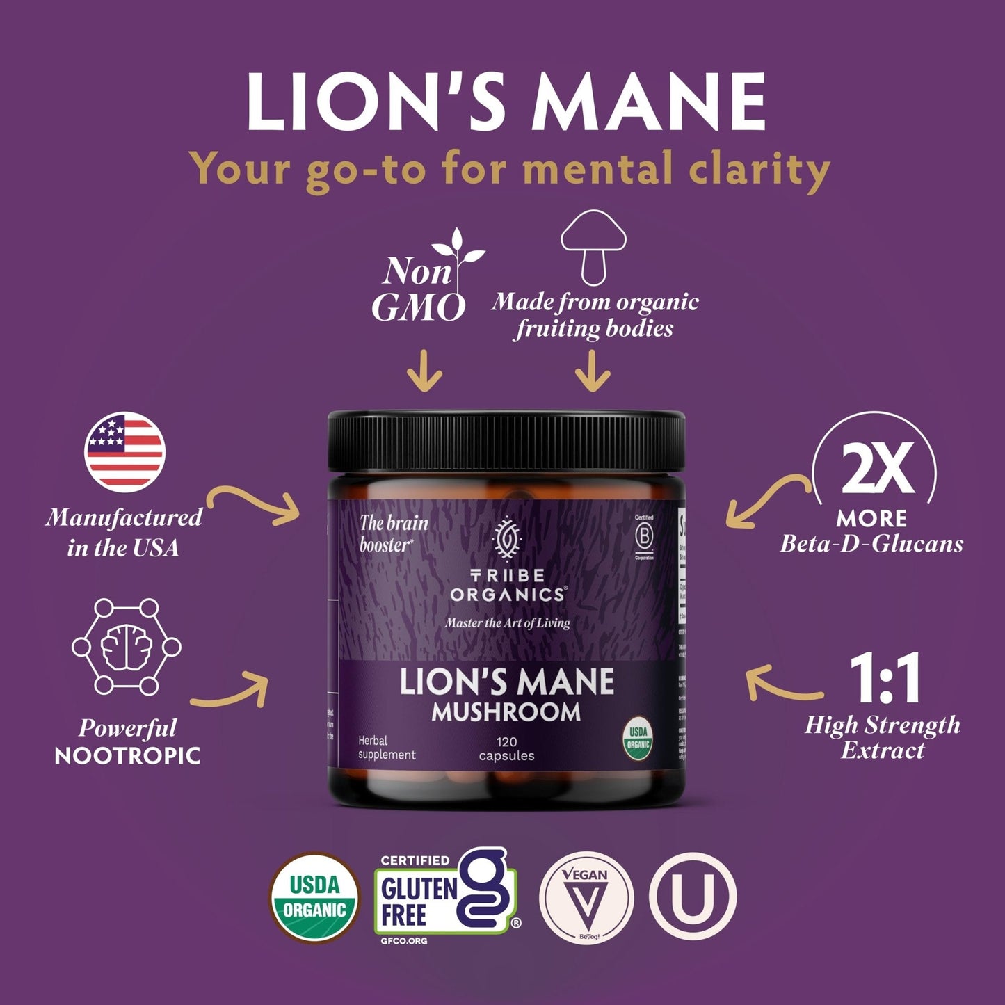 TRIBE ORGANICS Lion’s Mane Supplement 1000mg Mushroom Extract Powder - Immune System Booster & Brain Nootropic for Focus and Memory | Mental Clarity | Natural Energy and Immunity - 120 Vegan Capsules - Maple Wellness Supplements