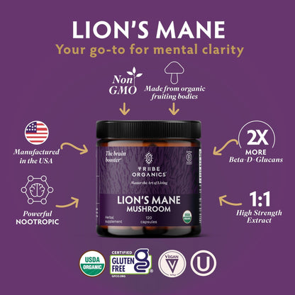 TRIBE ORGANICS Lion’s Mane Supplement 1000mg Mushroom Extract Powder - Immune System Booster & Brain Nootropic for Focus and Memory | Mental Clarity | Natural Energy and Immunity - 120 Vegan Capsules - Maple Wellness Supplements