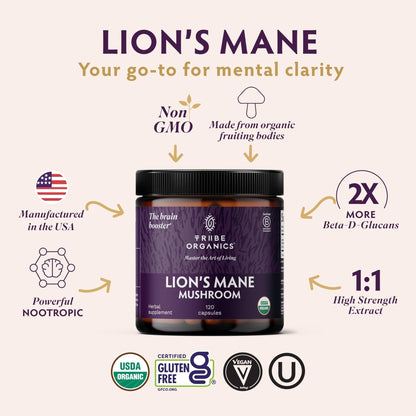 TRIBE ORGANICS Lion’s Mane Supplement 1000mg Mushroom Extract Powder - Immune System Booster & Brain Nootropic for Focus and Memory | Mental Clarity | Natural Energy and Immunity - 120 Vegan Capsules - Maple Wellness Supplements