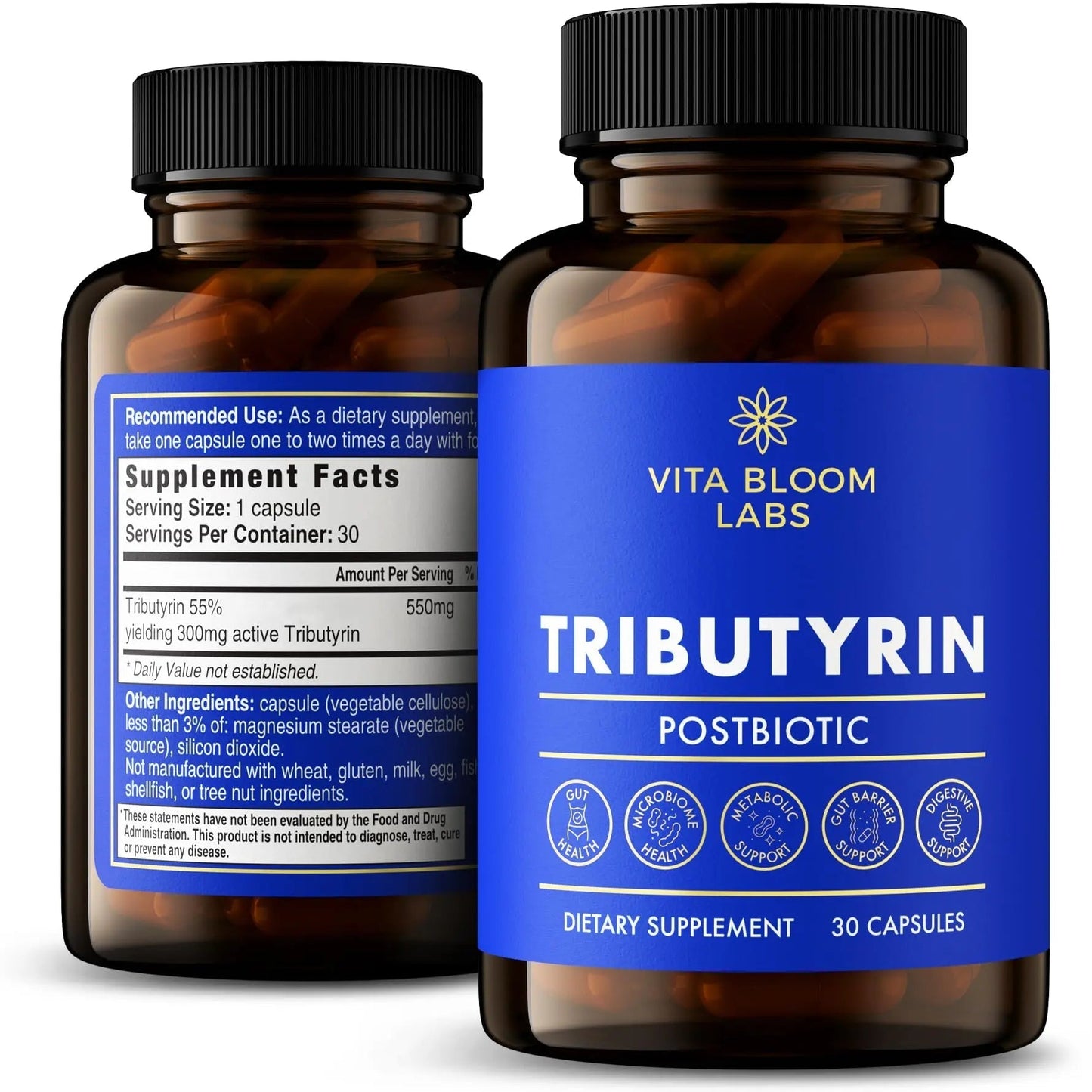 Tributyrin Supplement - Better Delivery & More Effective than Sodium Butyrate - Gut Health & Digestive Support - 3-in-1 Butyrate Postbiotics for Leaky Gut & Gut Barrier Support - 30 Capsules - Maple Wellness Supplements