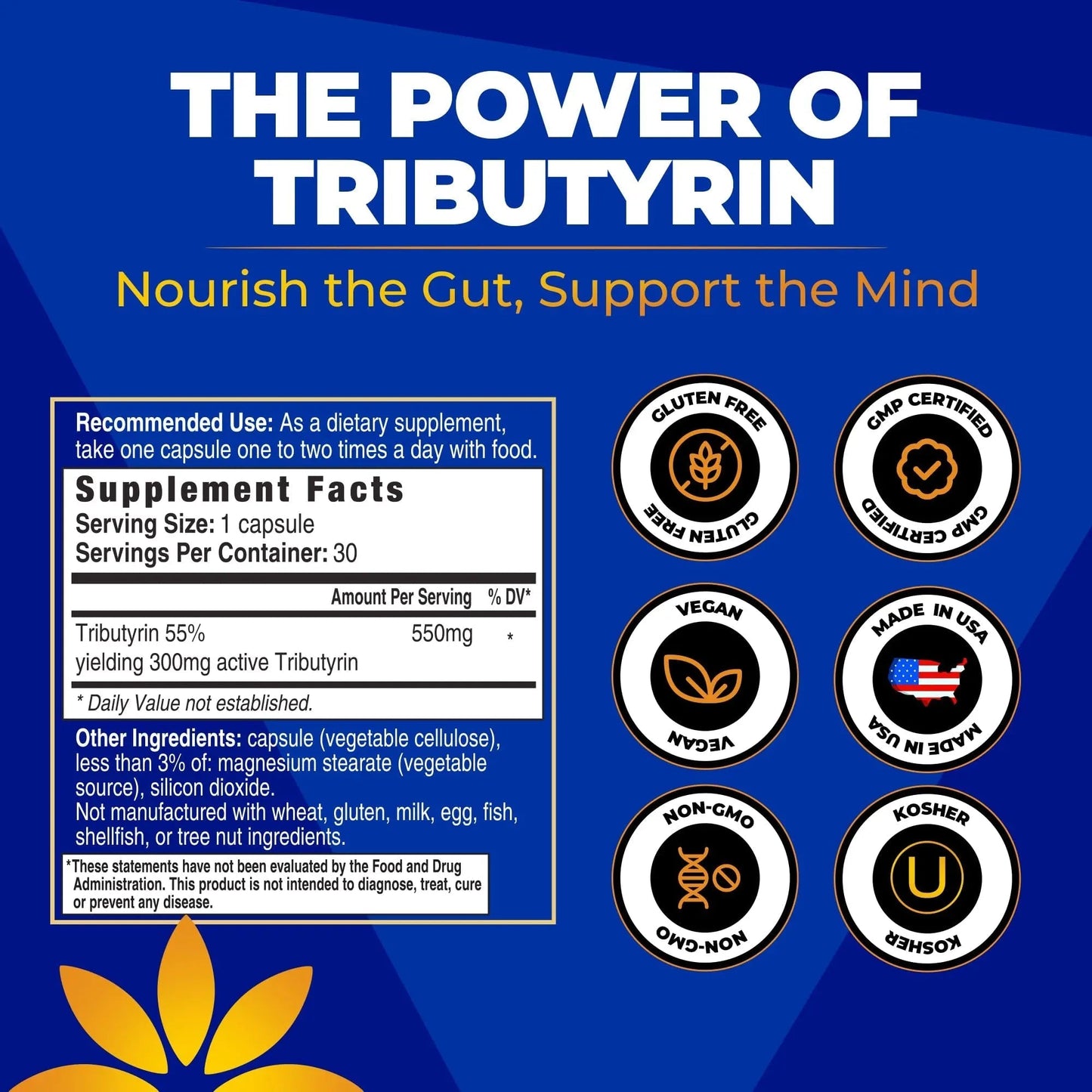 Tributyrin Supplement - Better Delivery & More Effective than Sodium Butyrate - Gut Health & Digestive Support - 3-in-1 Butyrate Postbiotics for Leaky Gut & Gut Barrier Support - 30 Capsules - Maple Wellness Supplements